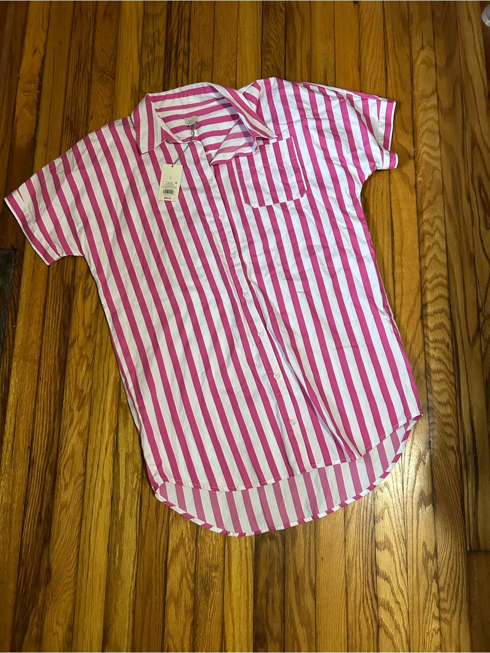Women’s Pink & White Striped Short-Sleeve Button-Up Dress